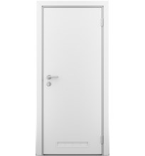 Гладкая пластиковая одностворчатая дверь POSEIDON белая с вент решеткой #0
